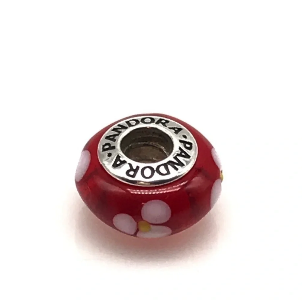 Pandora Red White Flower Murano Glass Retired Bead Charm